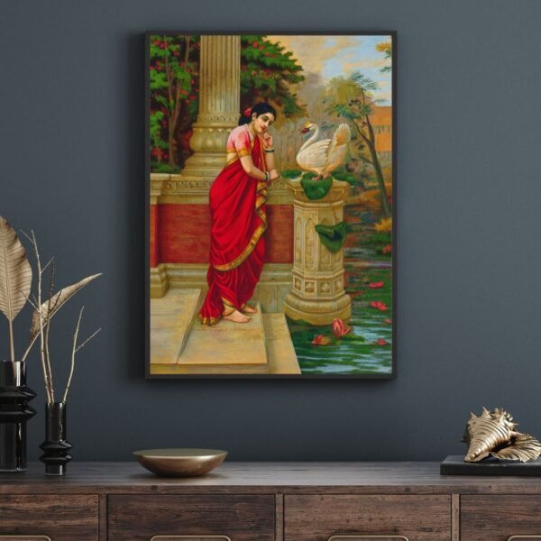 Hamsa Damayanti Art Print (24x36) – Indian Mythology Poster – Vintage Hindu Wall Decor Inspired by Ravi Varma Hamsa Damayanti art print featuring vintage-style Indian mythology scene of Hindu lovers, inspired by Ravi Varma, 24x36 wall poster.