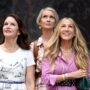 Stylized photo of Carrie, Miranda, and Charlotte walking in New York City, reimagined as empowered, modern women in their 50s